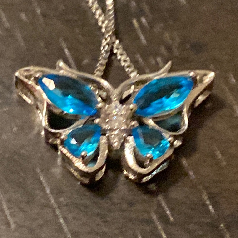 Blue Topaz Butterfly silver tone 18 inch chain